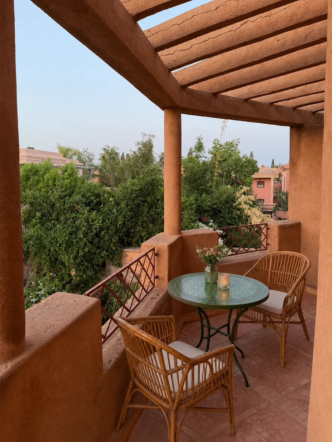 Balcony with pergola and mosaic table
