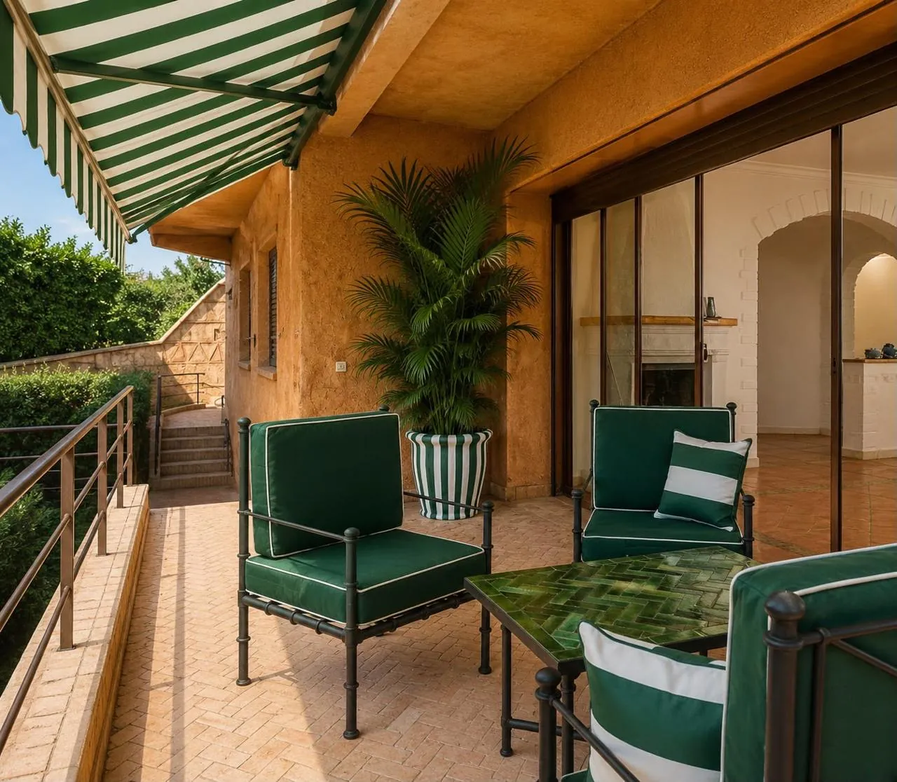 Covered terrace with green striped awning and iron armchairs