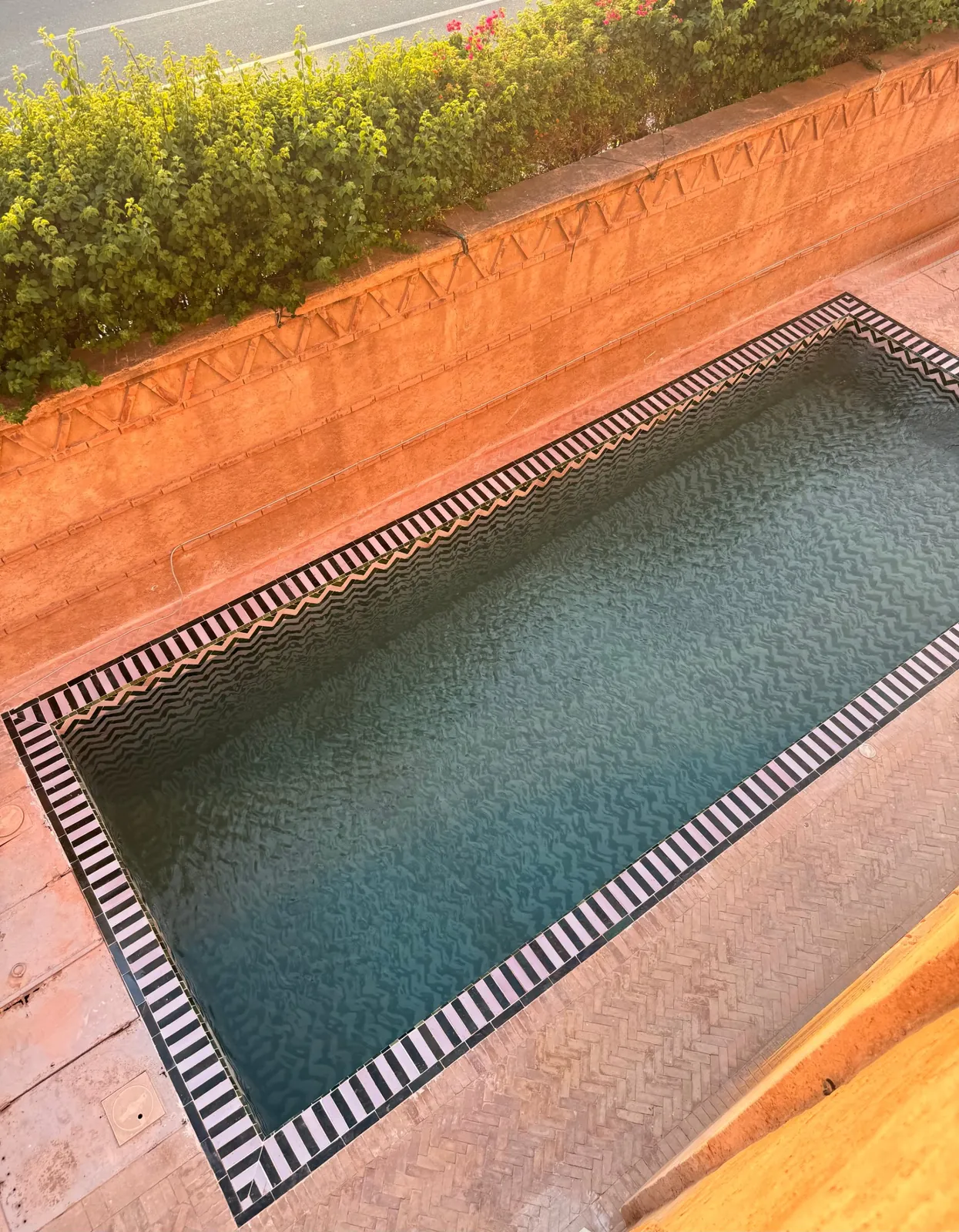 Pool with black and white striped zellige edge seen from above