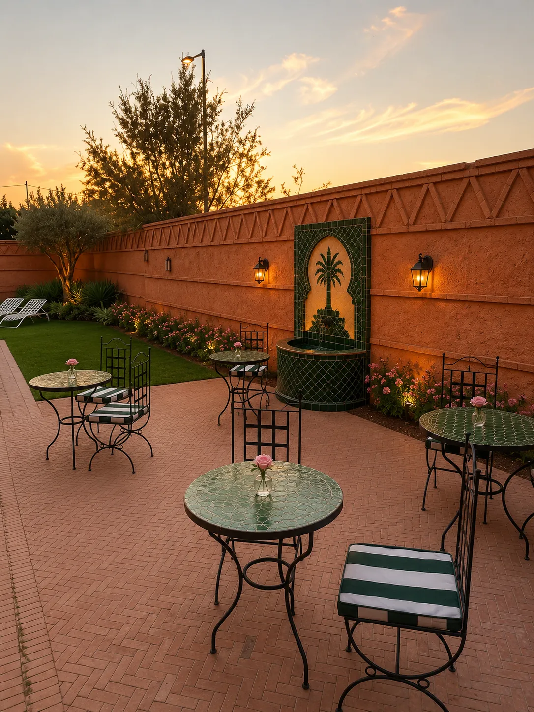 Garden at sunset with green mosaic tables and zellige fountain
